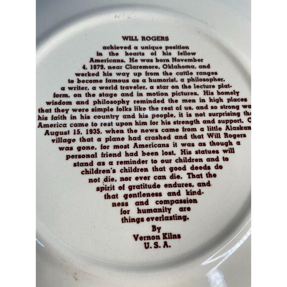 Will Rogers Commemorative Collectors Plate By Vernon Kilns 10" Ceramic - Picture 7 of 16